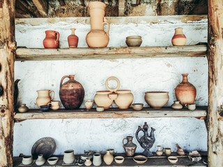 old ware in the wooden shelves horizontal