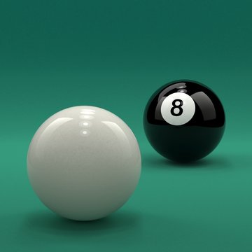 8 billiard ball and cue ball on green table background