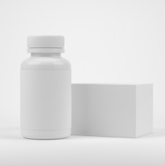 Blank pills container with blank label and package box on white