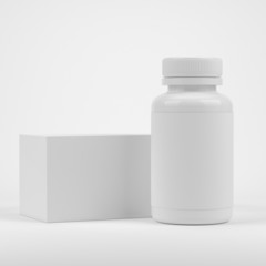 Blank pills container with blank label and package box on white
