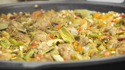Spanish paella ready to serve close up