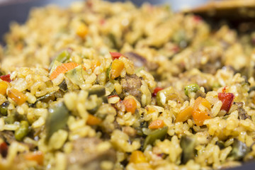 Spanish paella ready to serve close up