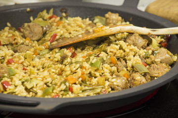 Spanish paella ready to serve close up