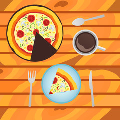 Italian pizza with cup of coffee on wood background. Top view.