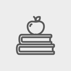 Three books with apple on the top thin line icon