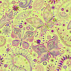 Fototapeta na wymiar Vintage seamless floral motif background with butterflies.