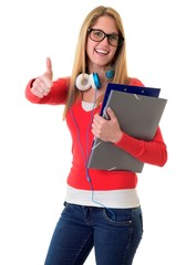 Cute female student with glasses signaling o.k.