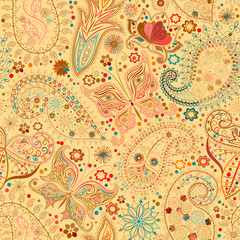 Vintage seamless floral motif background with butterflies.