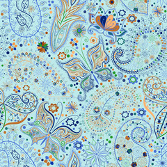 Vintage seamless floral motif background with butterflies.