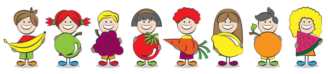 Kinder mit Obst, Früchte und Gemüse gesunde Ernährung