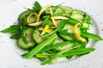 Green salad with cucumber, arugula and lemon peel in plate, closeup