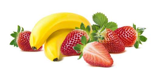 Banana strawberry horizontal composition isolated on white backg