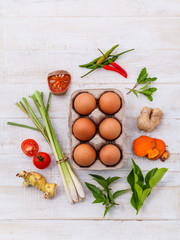 Clean food idea set up on wooden table.