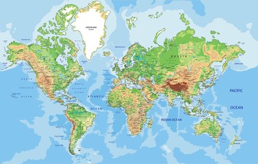 Obraz premium Bardzo szczegółowa fizyczna mapa świata z etykietami.