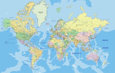 Naklejka premium Bardzo szczegółowa polityczna mapa świata z etykietami.