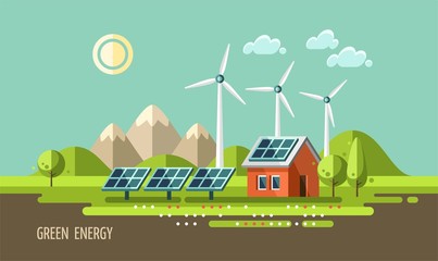 Fototapeta premium Green energy, ecology, environment - flat vector illustration.