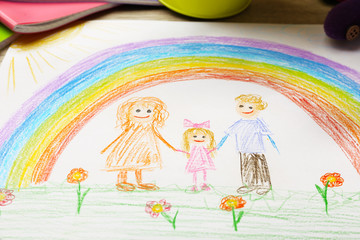 Obraz na płótnie Canvas Kids drawing on white sheet of paper, closeup