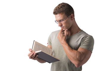 Man Reading Big Book Isolated on White Background