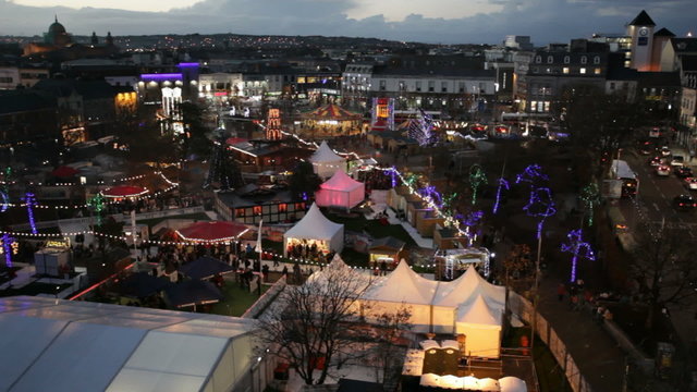 Galway Continental Christmas Market at night. Areal view,