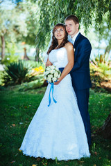 Bride and Groom at wedding Day walking Outdoors on spring nature