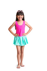 Little asian girl in swimsuit, Isolated over white