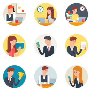 Set of business people in action flat style vector icons