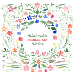 Floral set - vector watercolor illustration. Flowers, leaves, sw