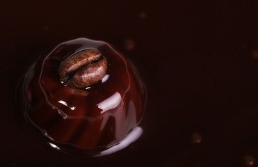 Coffee bean on malted chocolate. Liquid chocolate