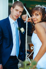 Bride and Groom at wedding Day walking Outdoors on spring nature