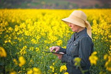 Fototapeta premium Female Farmer with Digital Tablet in Oilseed Rapeseed Cultivated