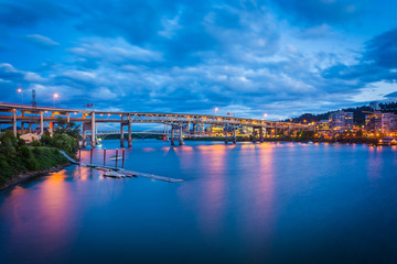 View of bridges over the Williamette River at twilight, in Portl