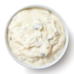 Round dish of homemade tartar sauce. Shot from above. © Moving Moment