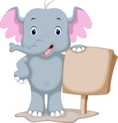 Fototapeta premium Cute Elephant cartoon holding a blank sign