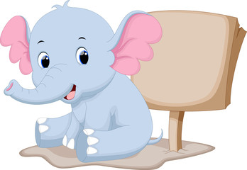 Cute baby elephant cartoon with a blank sign