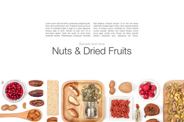 nuts and dried fruits on white background