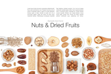 nuts and dried fruits on white background