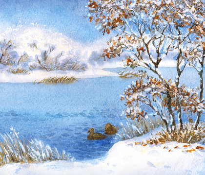 Watercolor landscape. Winter snow on a cloudy day on the lake