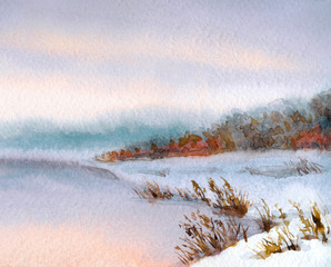 Obrazy na Szkle  Akwarela zimowy krajobraz. Wieczorne niebo nad rzeką