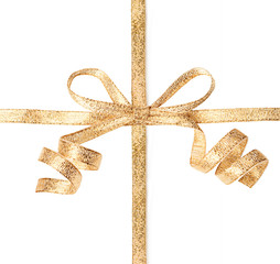 Gold ribbon with bow isolated on  white