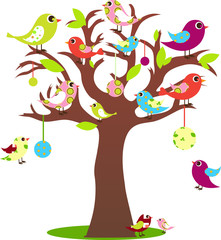 Lot of little colorful birds on tree.