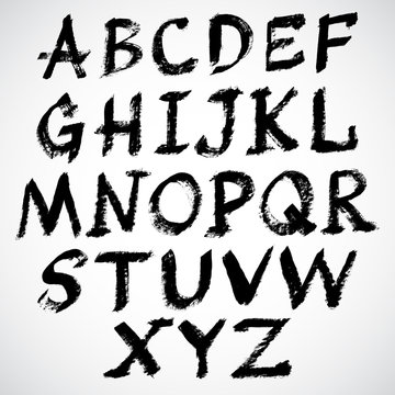 Grunge handwritten alphabet, on white background.