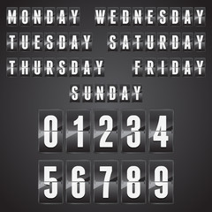 Set of days of the week with numbers on a mechanical timetable.