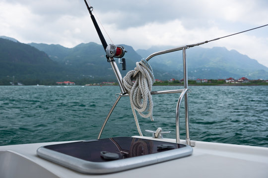 Fishing rod and reel on a yacht