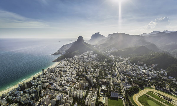 Aerial view of Ipanema Beach with high mountains