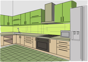 linear sketch interior kitchen colored green