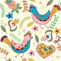 Seamless pattern with  birds and flowers