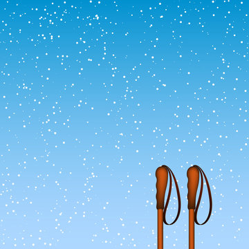 Winter background with old ski poles and falling snowflakes