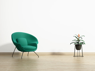 Minimal empty room with a green armchair and a planter