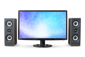 Monitor PC sky landscape and sound woofer isolated on white back