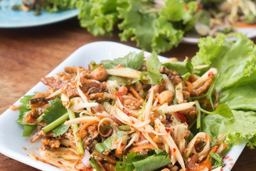 Herb salad with deep fried fish and shrimp (Thai fusion food)